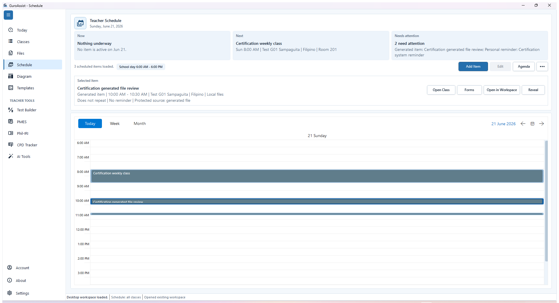 Current selected generated-file schedule item with Protected source, class and source details, Open Class, Forms, Open in Workspace, and Reveal.