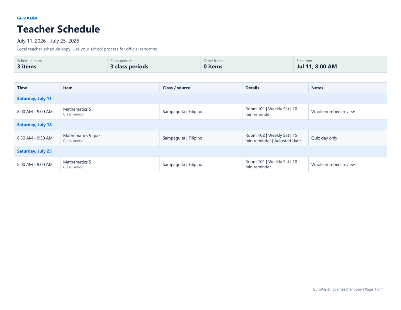 Rendered page of the actual generated Teacher Schedule PDF with three recurring class-period rows.