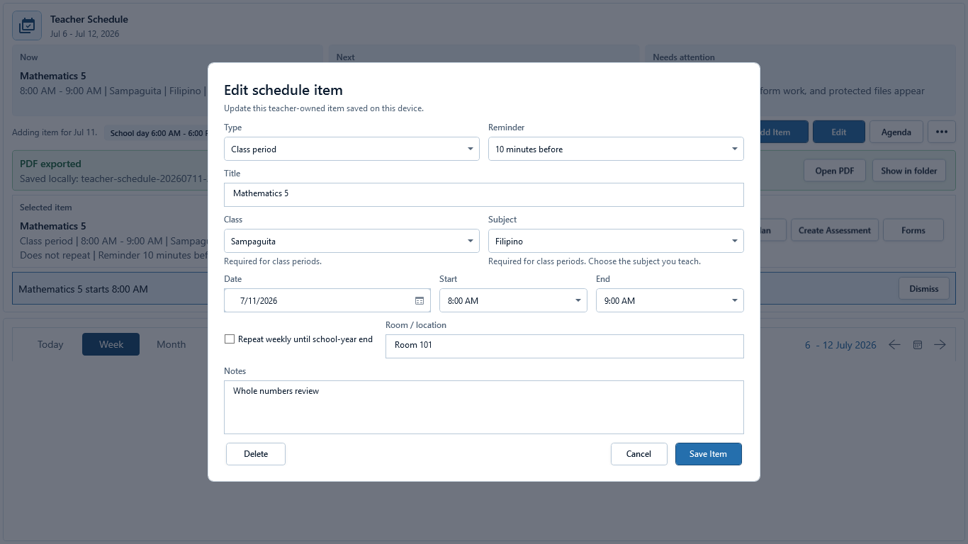 Full current Add schedule item dialog in its empty starting state with Type, Reminder, Title, recurrence, and Save Item blocked.