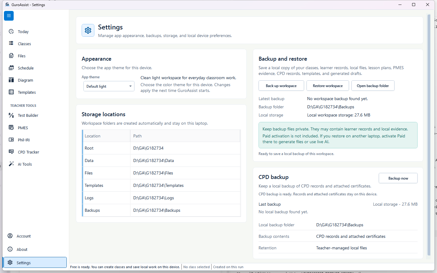 GuroAssist Settings showing Appearance, six storage locations, Backup and restore, and CPD backup.
