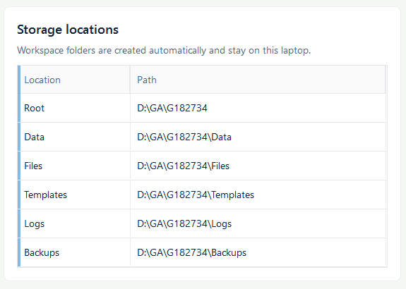Focused Storage locations panel with readable Root, Data, Files, Templates, Logs, and Backups paths.