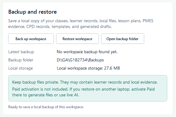 Backup and restore panel ready with three actions, local folder, storage information, and privacy guidance.