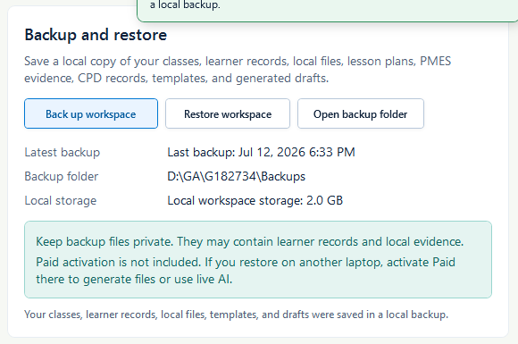 Backup and restore panel confirming that the workspace backup was saved.