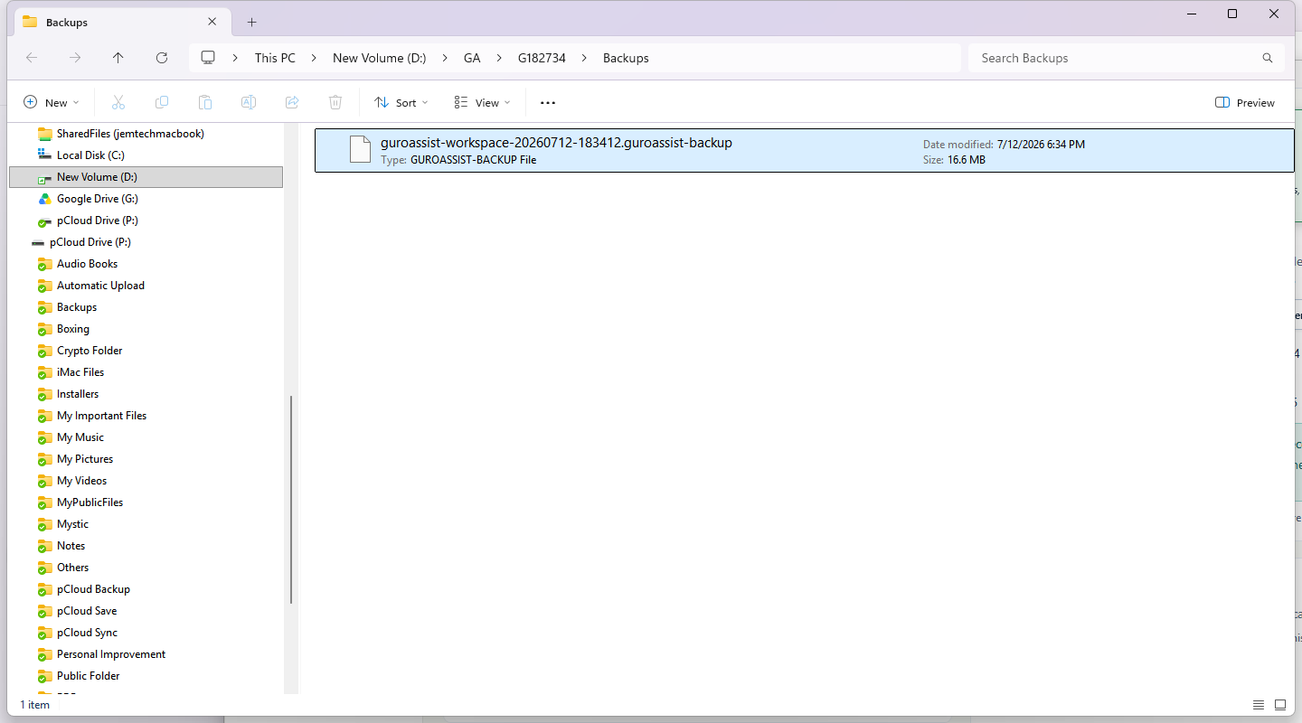 Windows File Explorer showing the complete dated GuroAssist backup filename in the local Backups folder.
