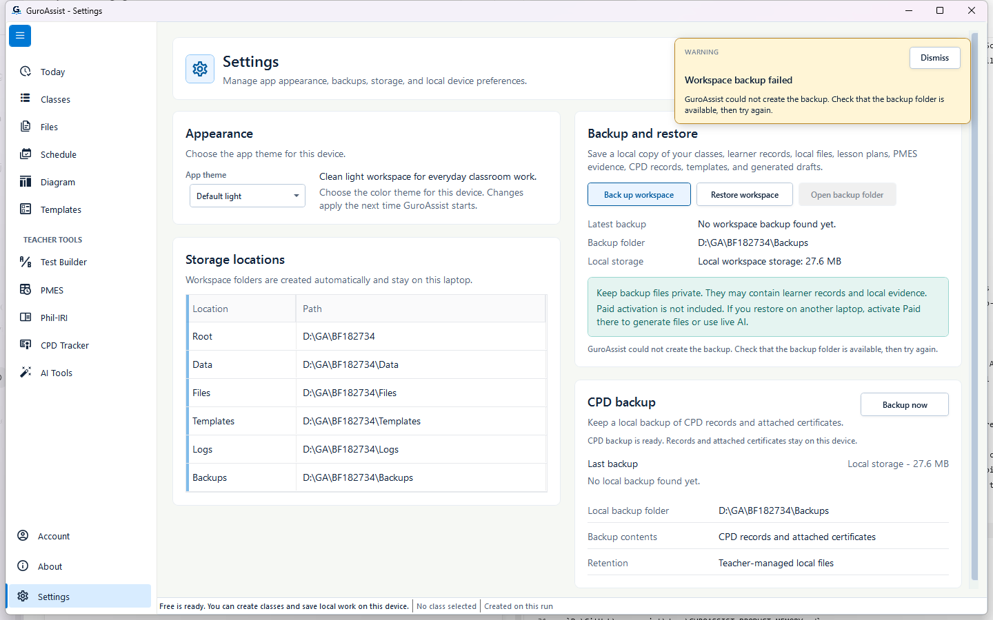 Settings warning that GuroAssist could not create the workspace backup because the backup folder was unavailable.