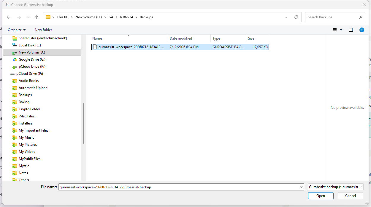Complete Windows backup picker with a selected dated GuroAssist backup, full filename field, Open, and Cancel.
