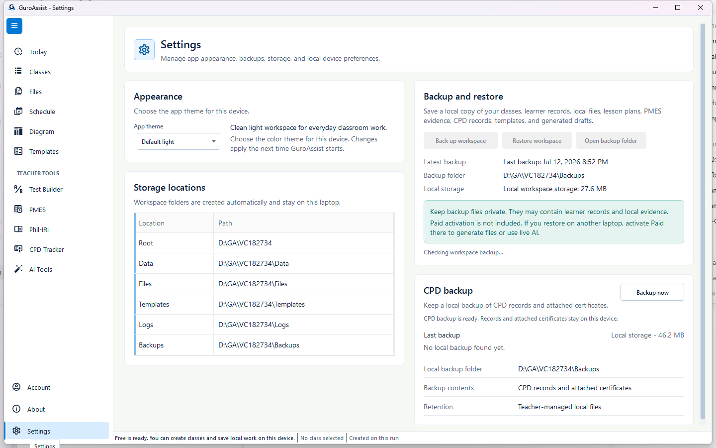 Settings showing Checking workspace backup after a backup file was selected.