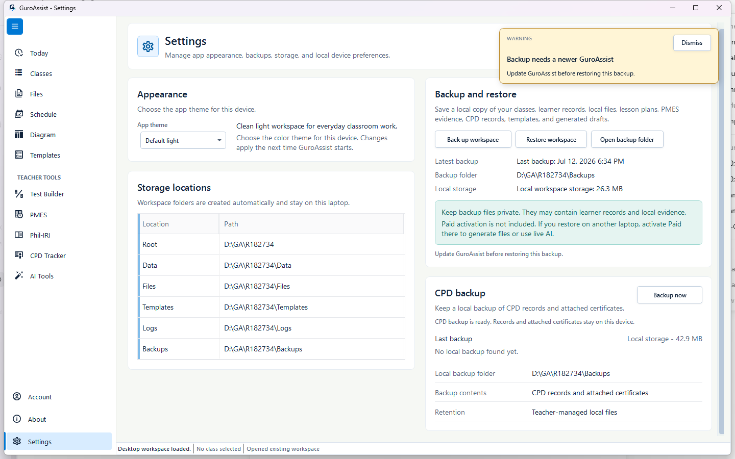 Current GuroAssist 1.0.0.0 blocking a backup from a newer app version.