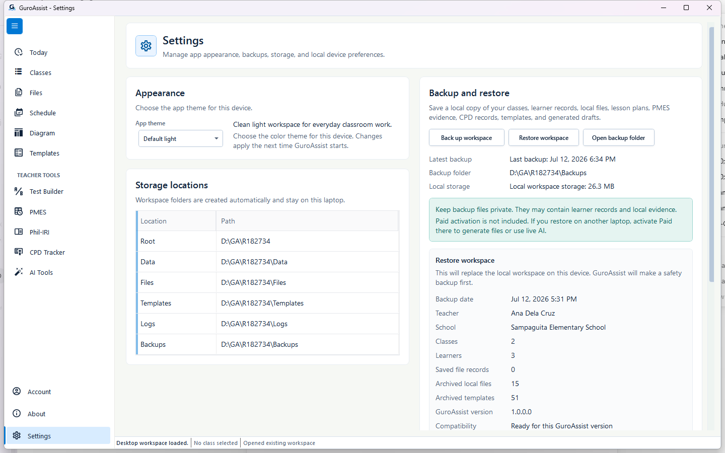 Complete restore summary showing all ten rows, version 1.0.0.0 compatibility, Restore this workspace, and Cancel.