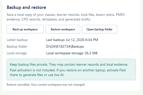 Backup and restore panel confirming that restore was cancelled and the current workspace was not changed.
