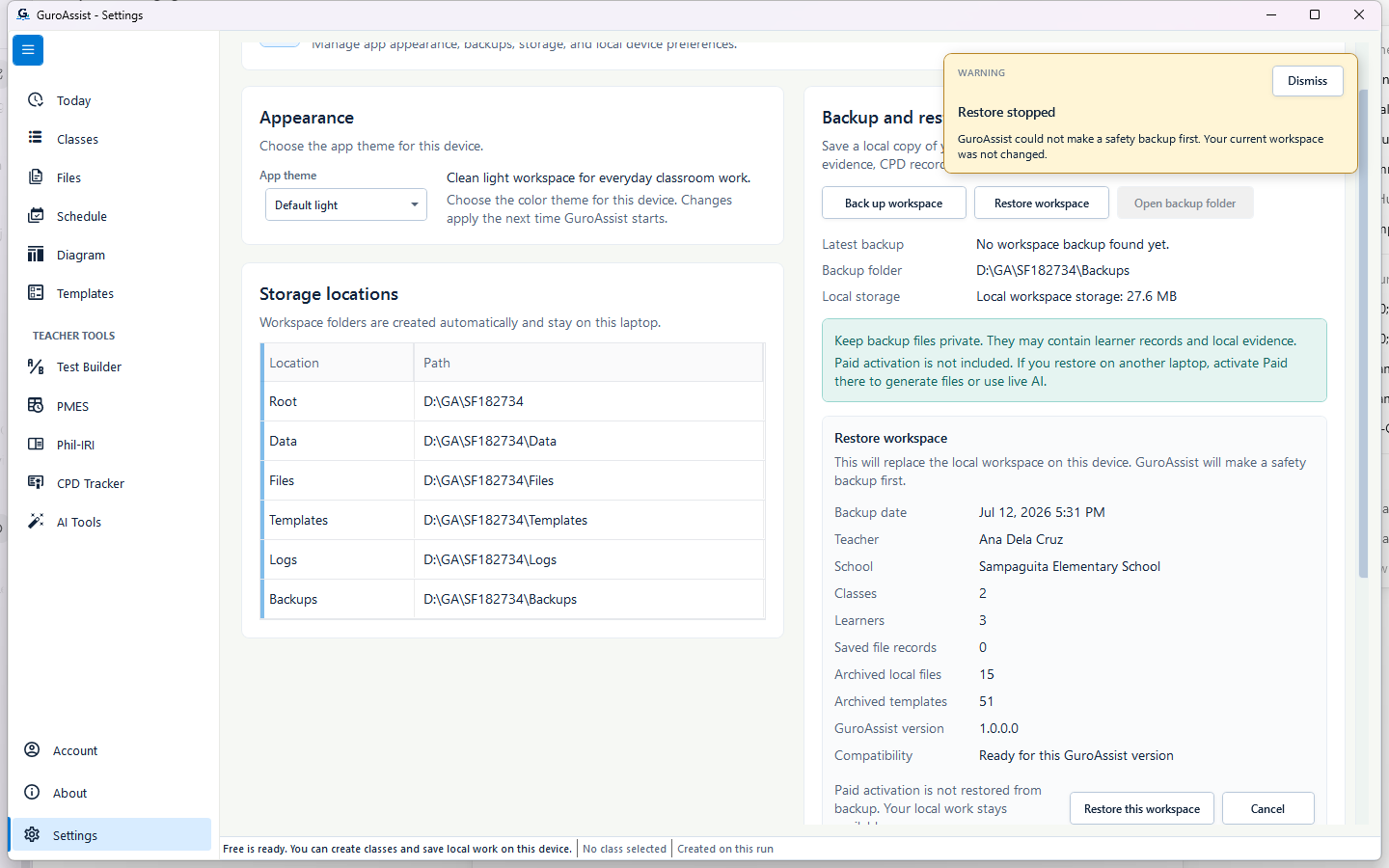 Restore summary and warning showing that GuroAssist could not make the required safety backup.