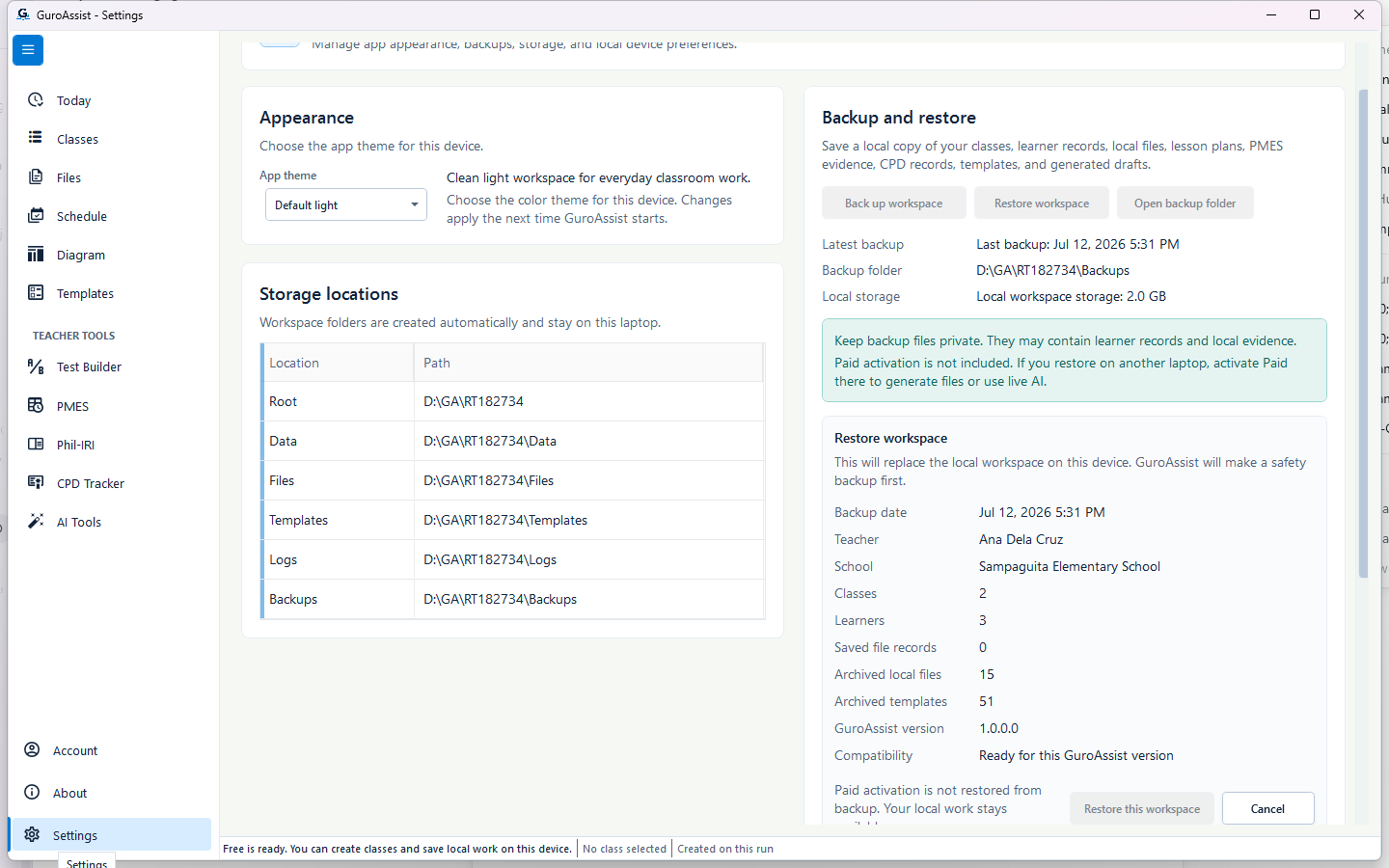 Complete restore summary showing Restoring workspace while recovery actions are unavailable.