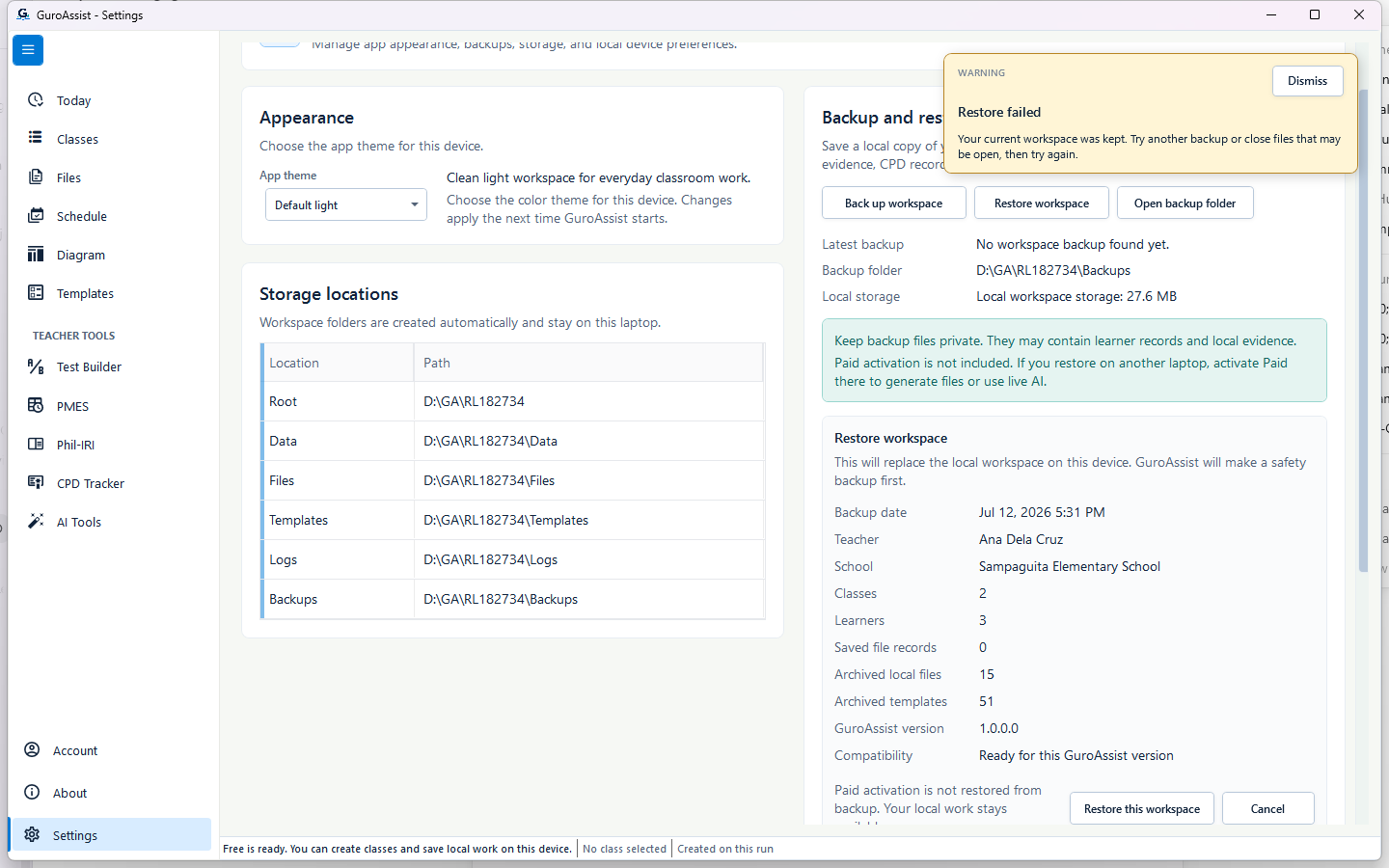 Settings warning that restore failed after the safety backup and the current workspace was kept.