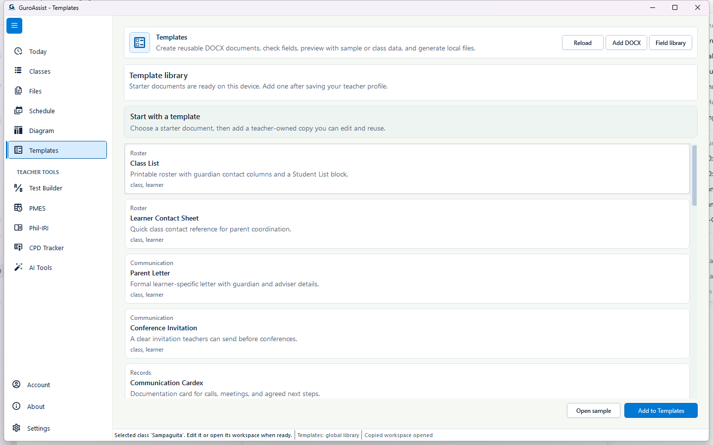Restored Templates screen showing the reusable starter document library after restart.