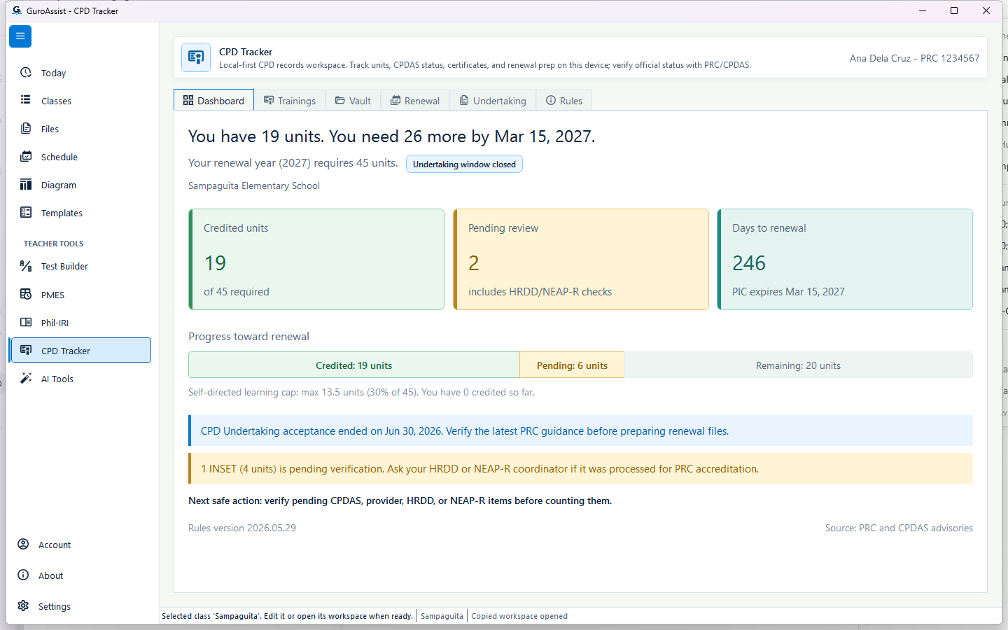 Restored CPD Tracker dashboard showing Ana Dela Cruz, 19 credited units, pending review items, and renewal details.