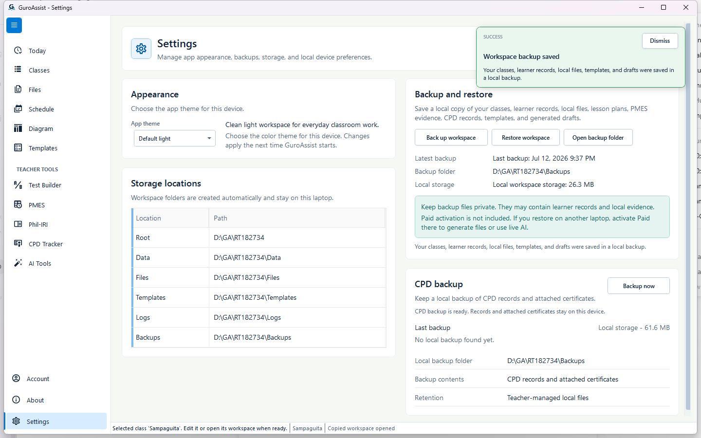 Settings confirming a fresh workspace backup after the restored sample was checked.