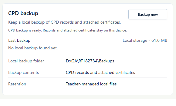 Focused CPD backup panel showing Backup now, local folder, contents, retention, and readiness.