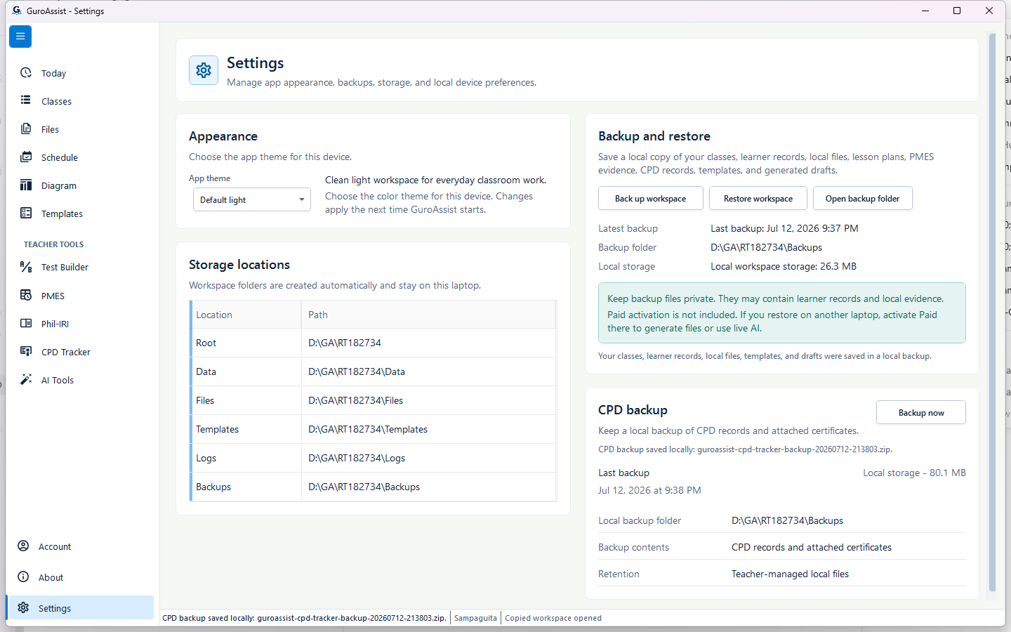 Settings confirming a dated CPD backup ZIP for the restored sample with CPD records and certificates.
