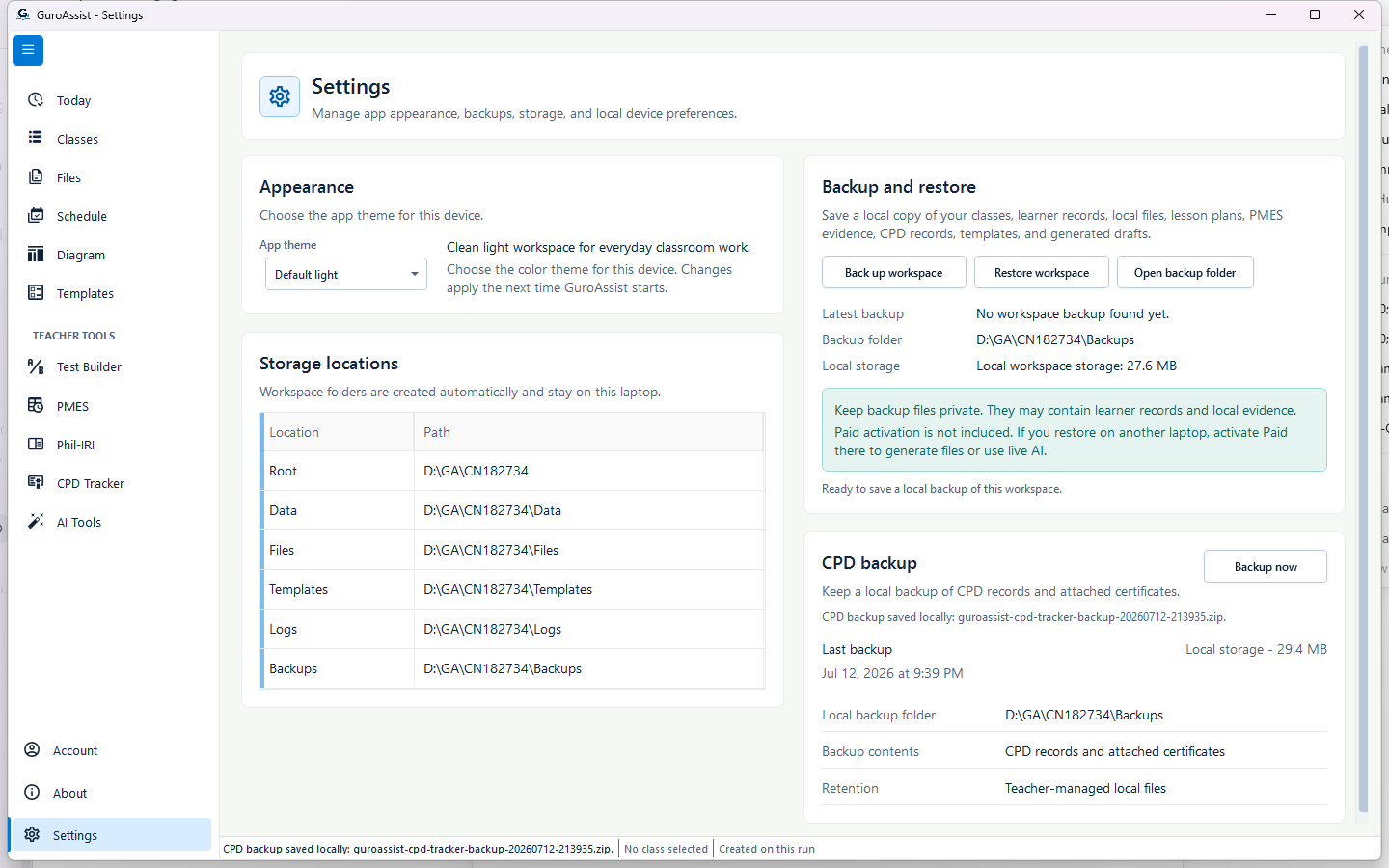 Settings confirming a CPD backup in a new disposable workspace with no CPD records.