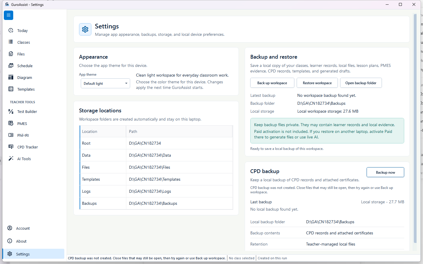 Settings reporting that the CPD backup was not created because the local backup folder was unavailable.