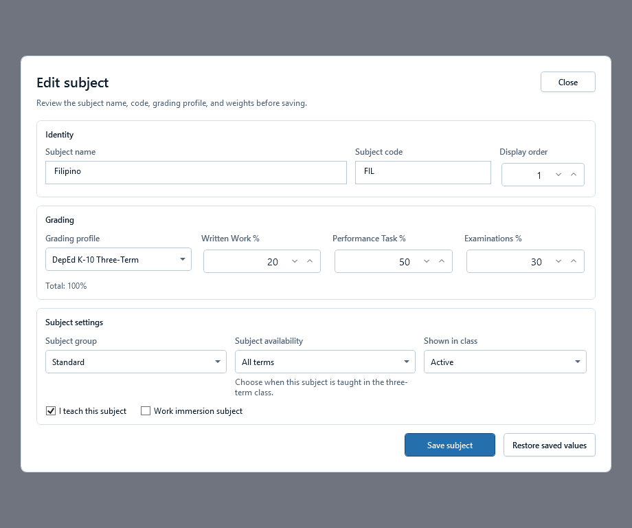 Edit subject dialog with identity, grading, availability, active status, and teaching-assignment fields.