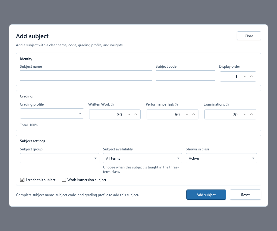 Add subject dialog with Save subject and Restore saved values controls.