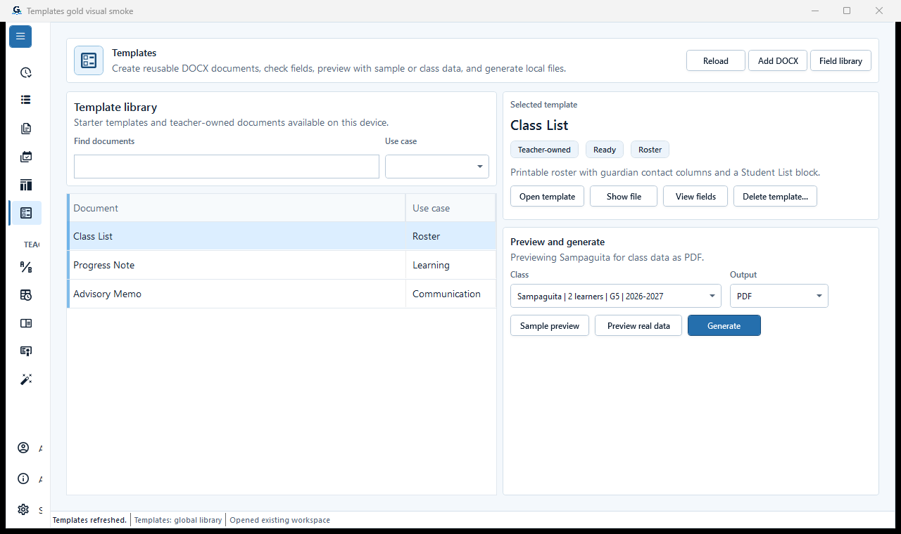 Templates workspace with the Class List template selected and its requirements visible.