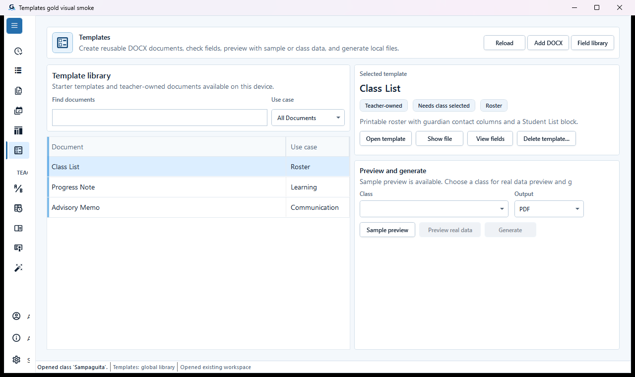 Templates workspace showing a class-based template blocked until the teacher chooses a class.