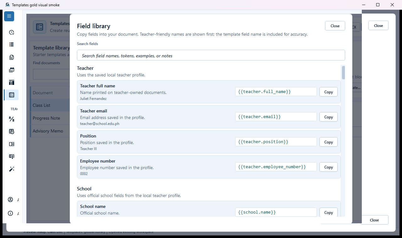 Template field library with supported data fields and mapping information.