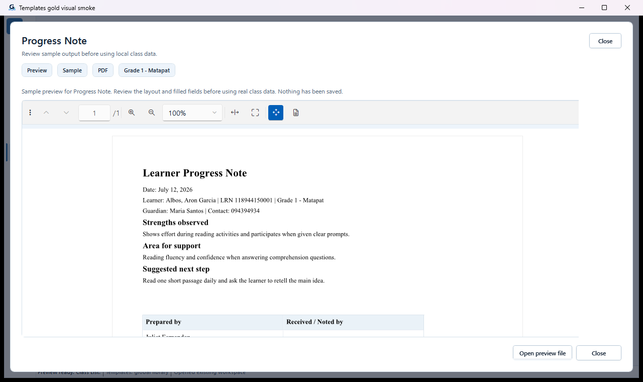 Template preview using sample class data and the mapped document layout.