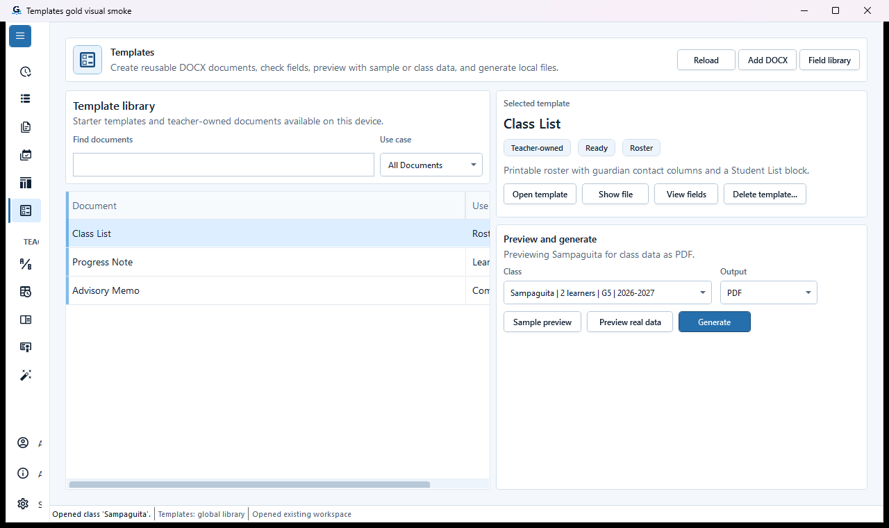 Selected Class List template showing that a class selection is required for real-data preview.