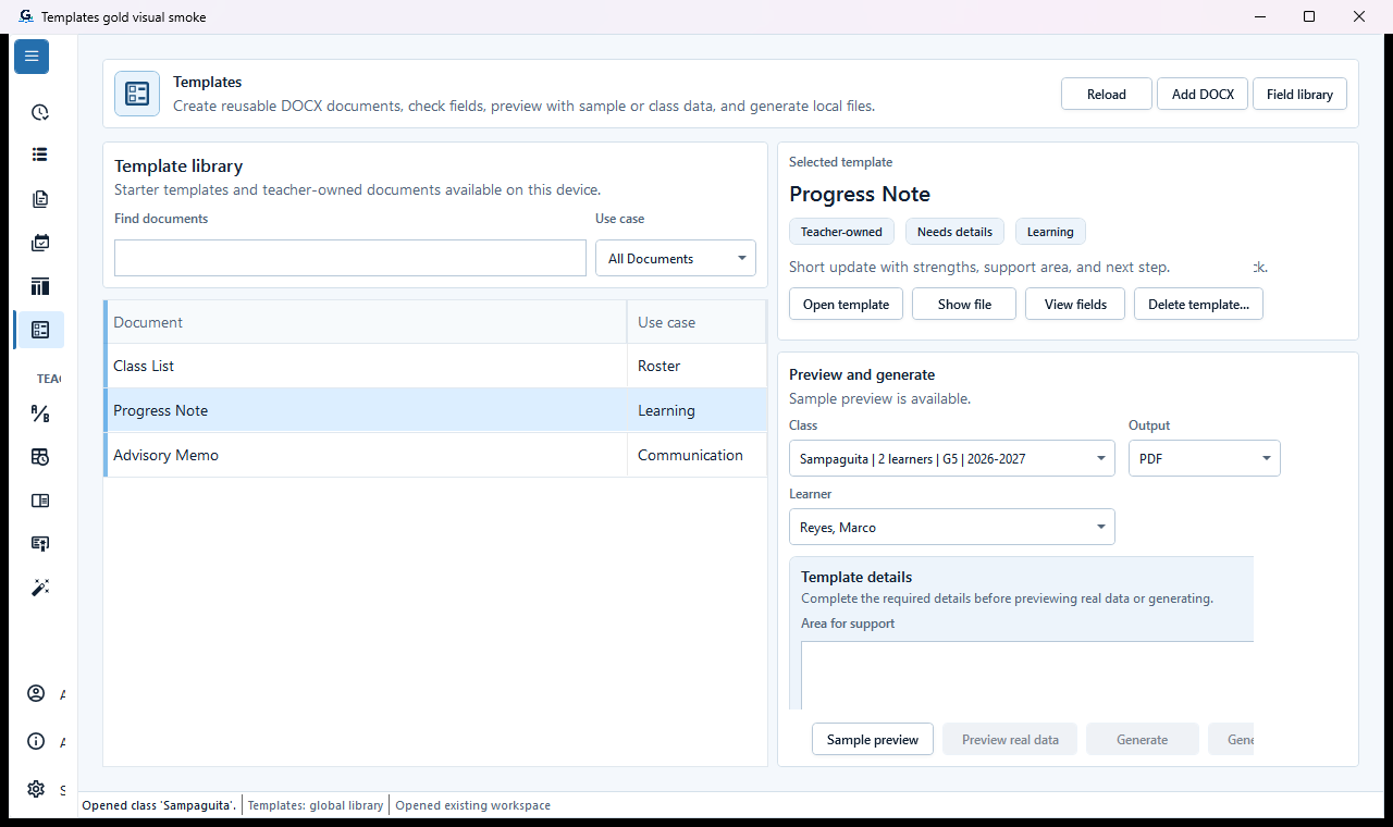Progress Note template showing a selected fictional learner and a Needs details state.