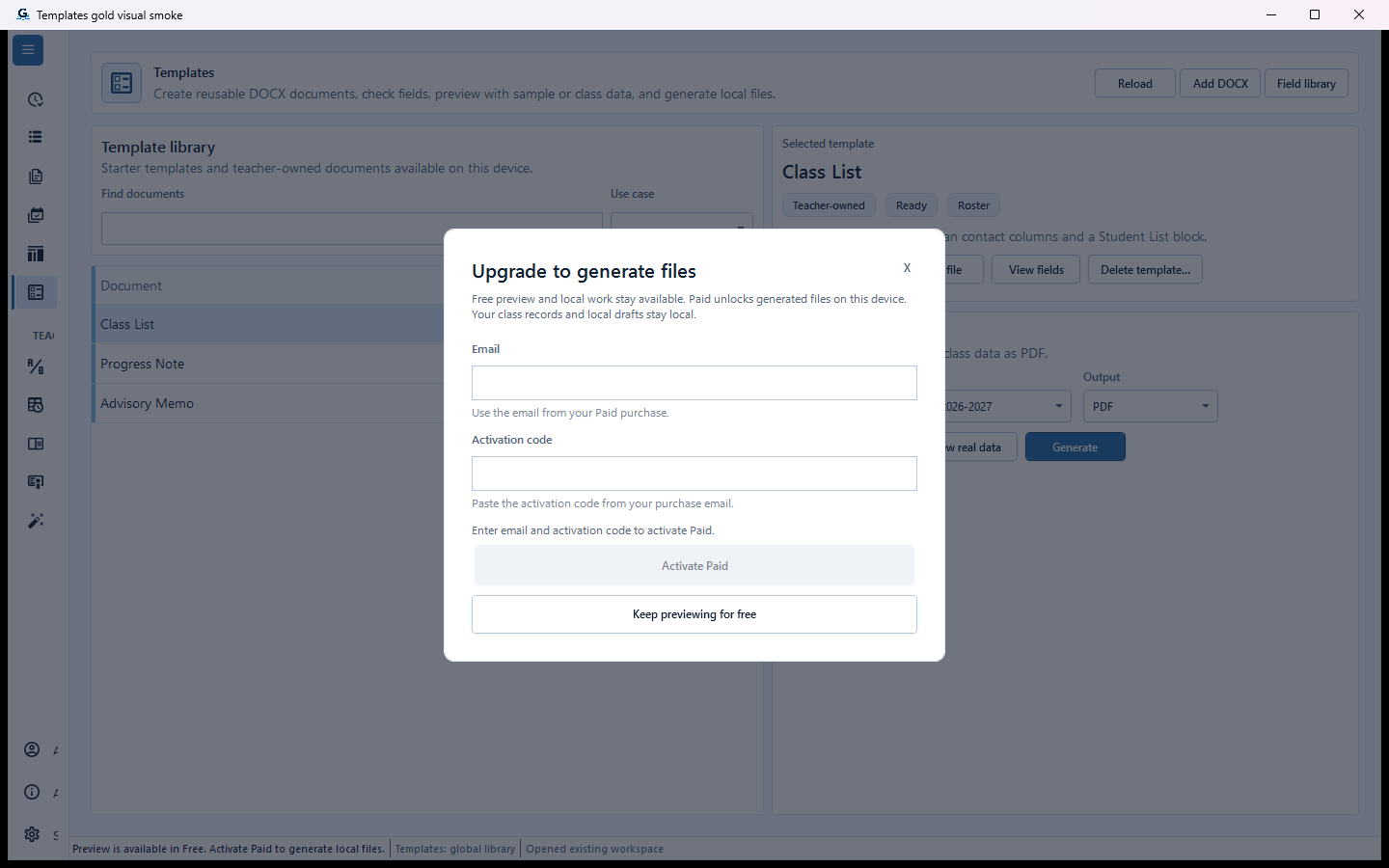 Templates generation boundary showing that Paid access is required to save the local generated file.