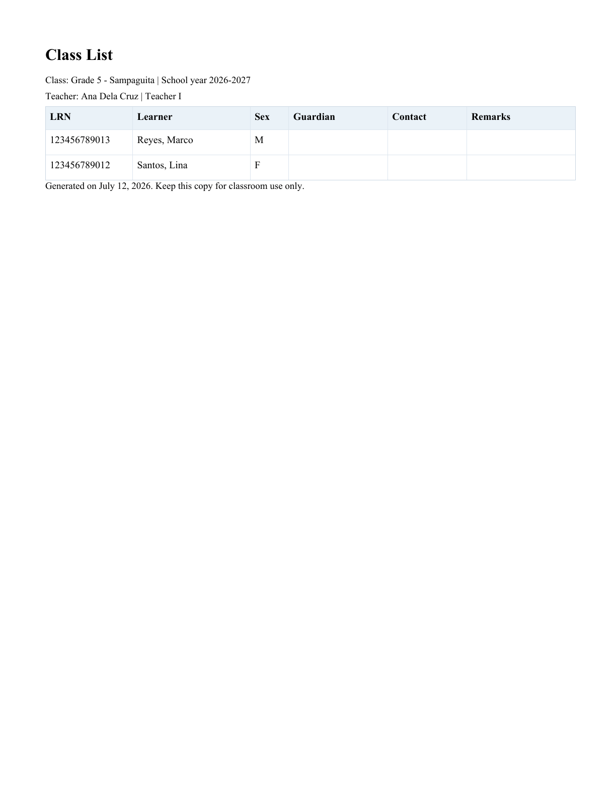 Rendered first page of the actual generated Class List PDF using fictional learner data.