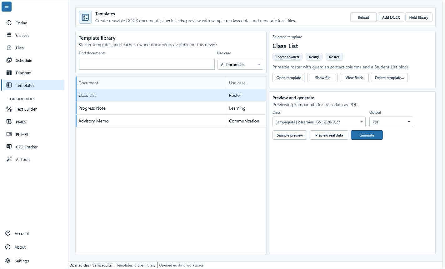 Templates workspace with Class List selected, the Sampaguita class chosen, and Sample preview, Preview real data, and Generate actions visible.