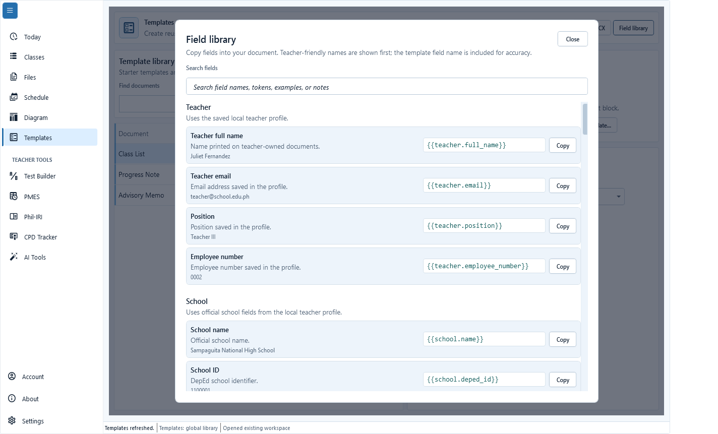 Template Field library showing teacher-friendly field names, descriptions, sample values, accurate template field names, and Copy actions.