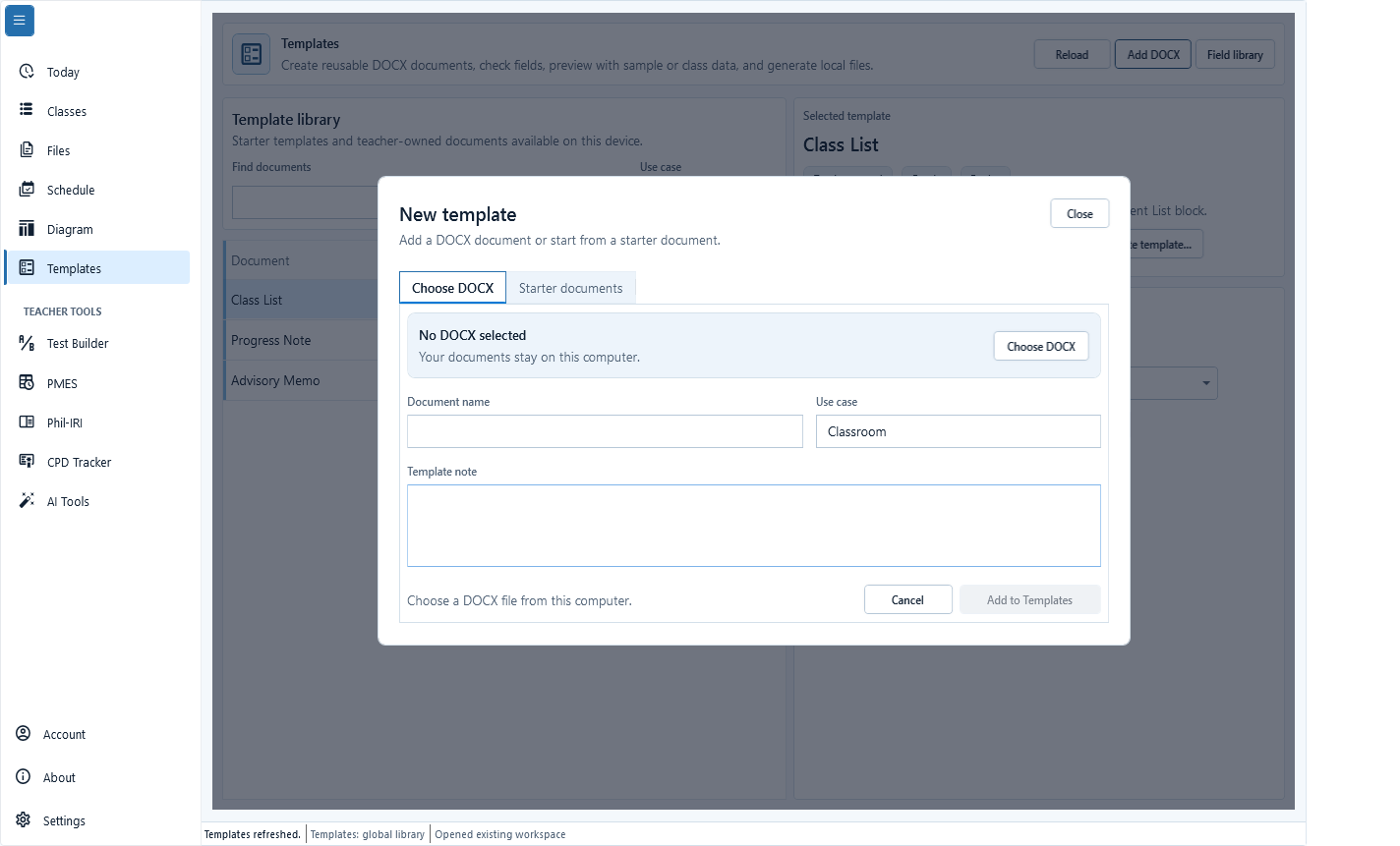 New template dialog with Choose DOCX and Starter documents choices, local-file privacy guidance, document name, use case, and template note fields.
