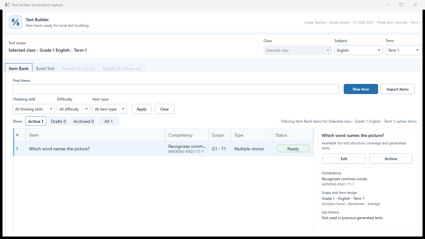 Test Builder item bank with class, subject, filters, and item actions.