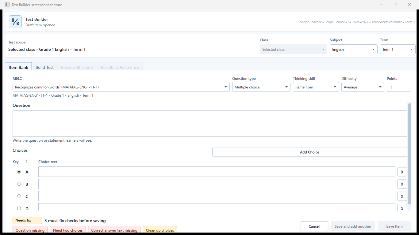 Test Builder item-authoring view with prompt, answer, metadata, and save controls.