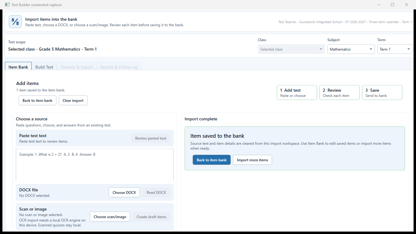 Test Builder import view with source selection, extracted-item preview, and validation guidance.