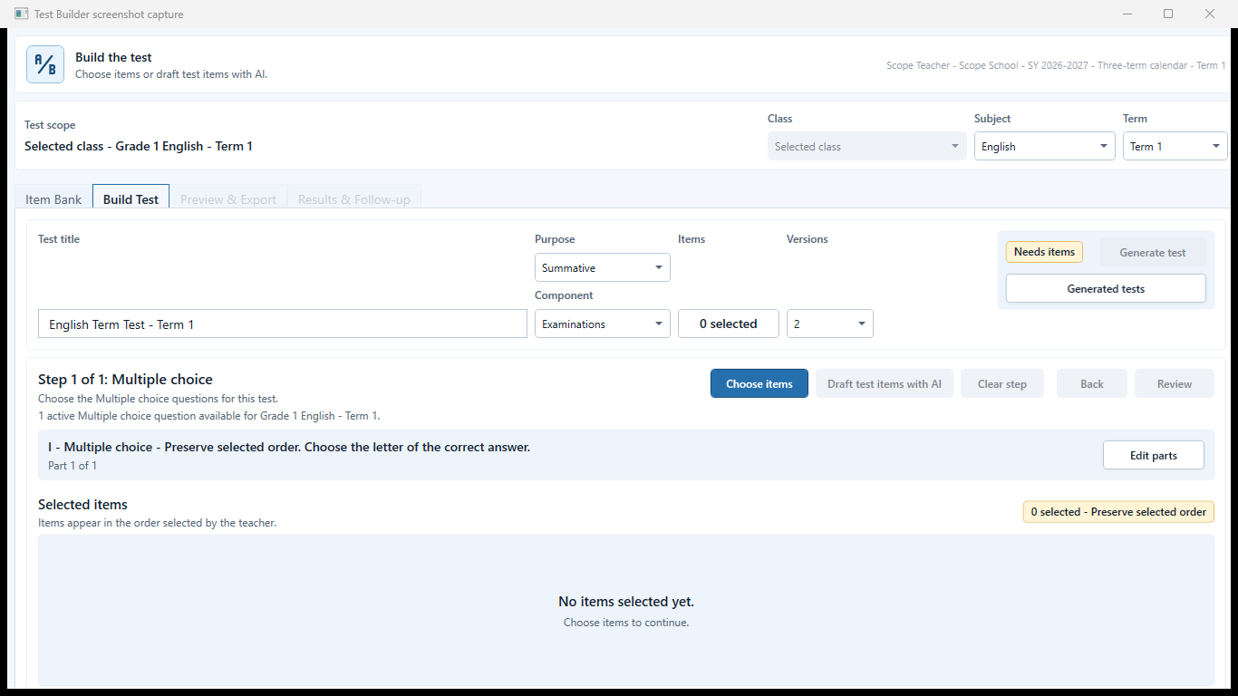 Build Test screen with a not-ready state and required corrections.