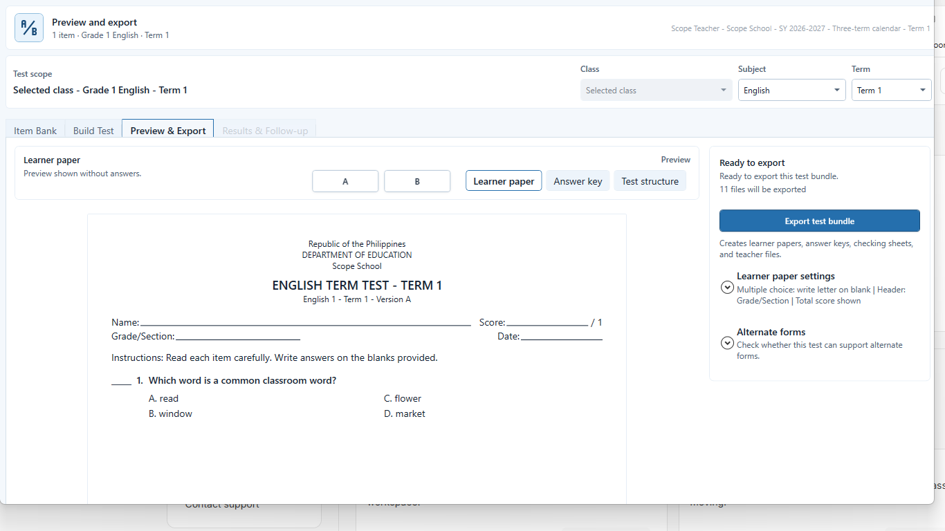 Preview and export view with separate learner-paper, answer-key, and packet actions.