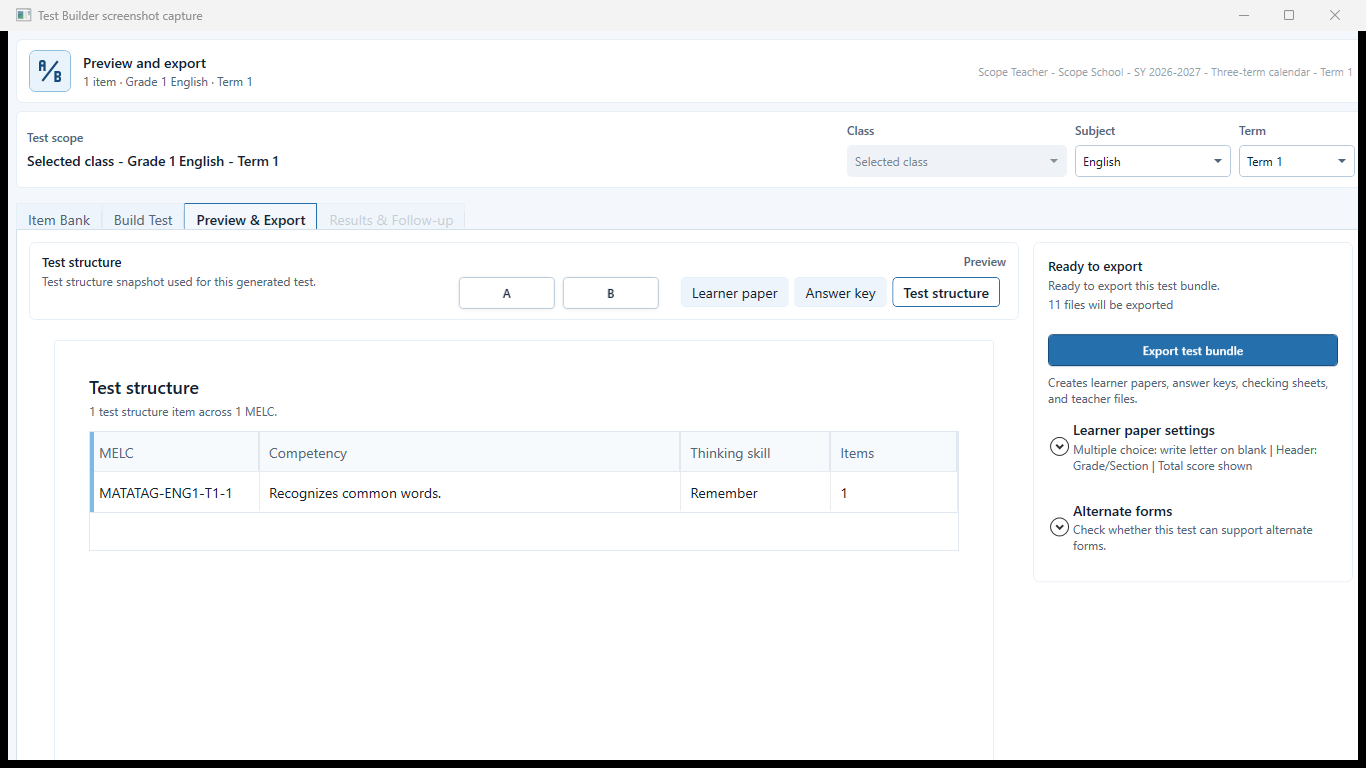 Test structure preview with sections, numbering, readiness, and manual-review guidance.