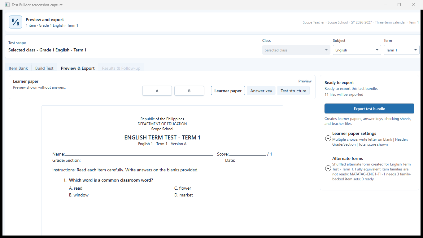 Alternate test form created with version identity and review actions.