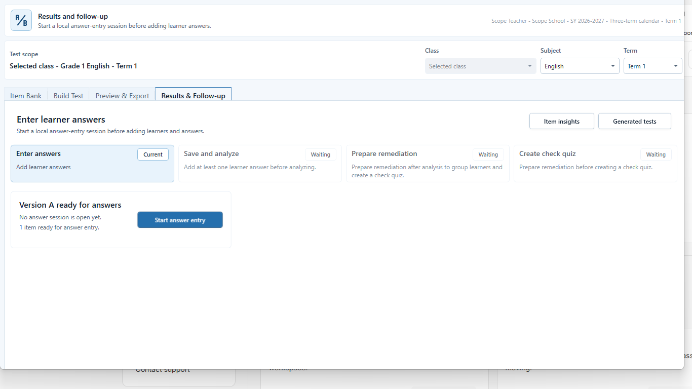 Test Builder Results workspace with the selected test, version, learner coverage, and follow-up actions.