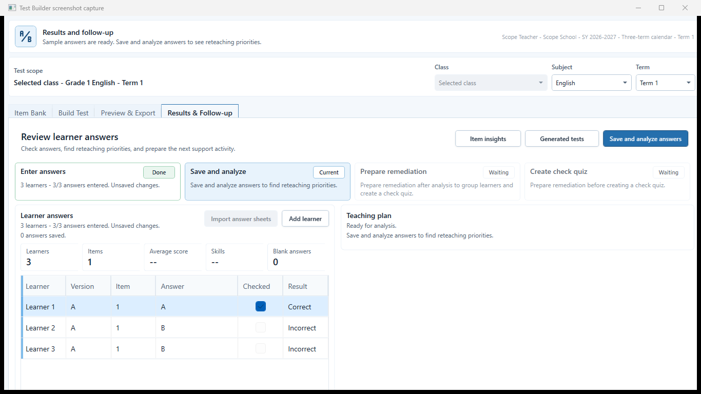 Results workspace with learner answers matched to the selected test version.