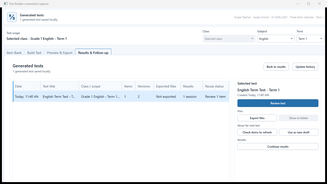 Generated tests history showing the same Grade 1 English Term 1 scope and selected local test record.