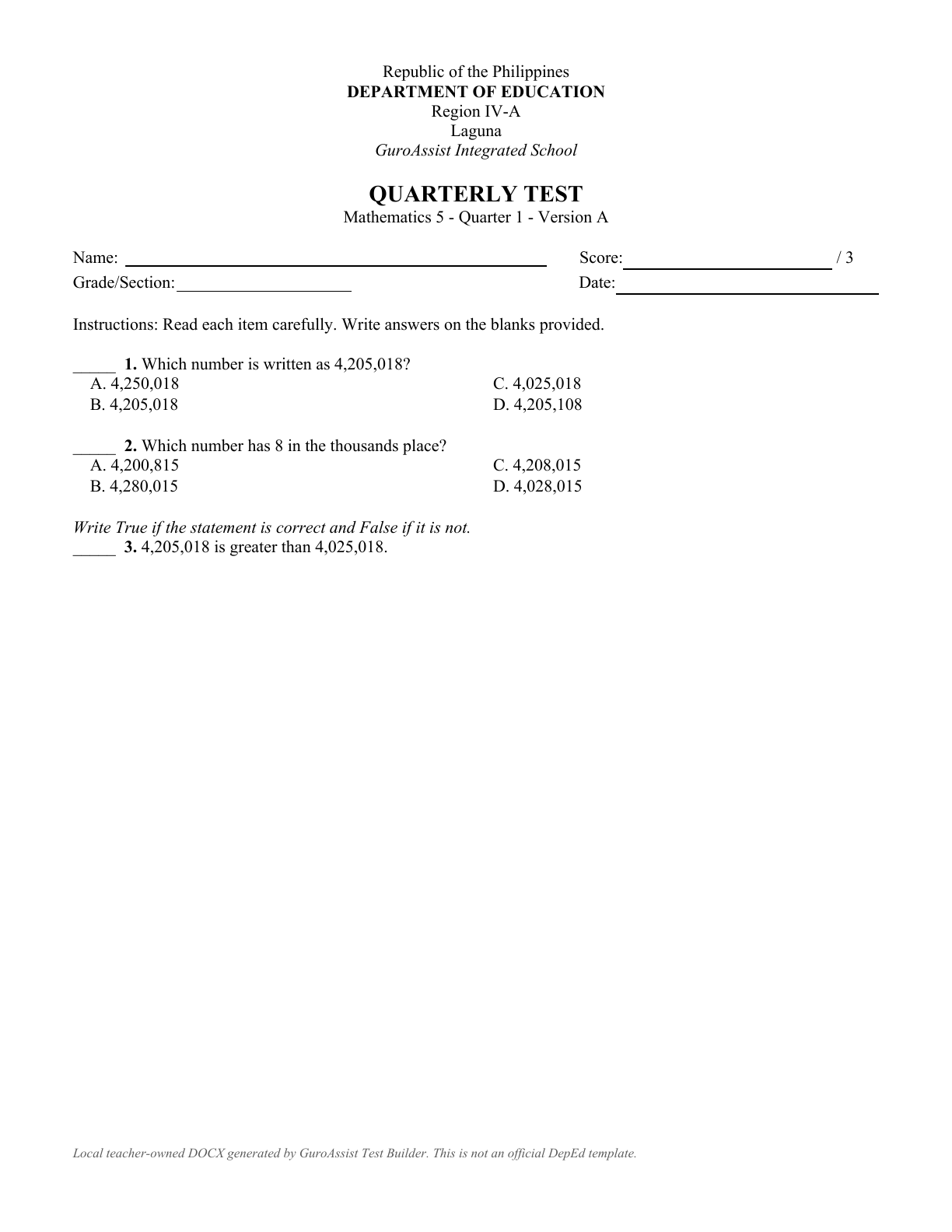 Rendered actual Test Builder learner paper for fictional Grade 5 Mathematics, Version A, with three questions and the local non-official footer.
