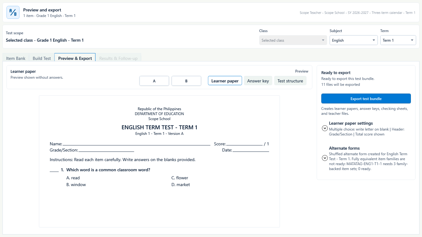 Preview and Export with Version A and B controls and a message that a shuffled alternate form was created because equivalent item families were not ready.