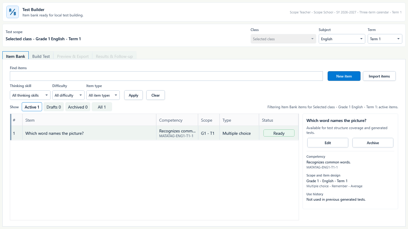 Test Builder Item Bank with an active ready item, filters, and item details.